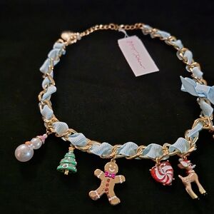 Betsey Johnson Gold Chain with Light Blue Ribbon And Holiday Charms
